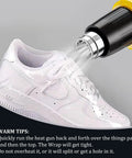 Applying heat to a white sneaker packaged with 80 Pack Clear Pvc Heat Shrink Wrap Bags 10 By 16 Inches Top Tier Sealing Film.