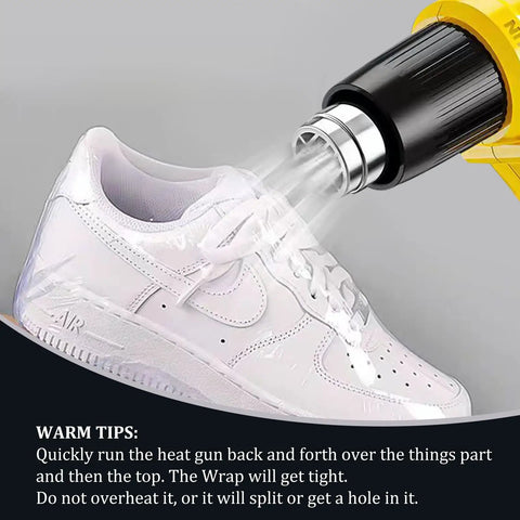 Applying heat to a white sneaker packaged with 80 Pack Clear Pvc Heat Shrink Wrap Bags 10 By 16 Inches Top Tier Sealing Film.