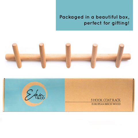 Wall Mounted Coat And Hat Rack With Five Hooks In Beautiful Wood Finish For Entryway Hallway Or Bedroom No Fuss Easy Setup Durable Robe Rack With Classic Design displayed with packaging