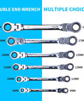 Six Piece Metric Ratchet Wrench Set With Double Box End Flex Heads, 8-19mm range, displayed against two-tone background