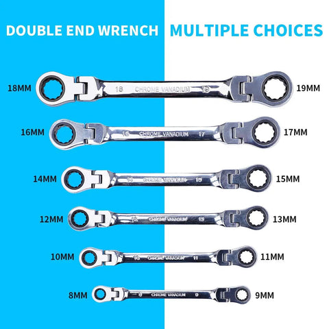 Six Piece Metric Ratchet Wrench Set With Double Box End Flex Heads, 8-19mm range, displayed against two-tone background