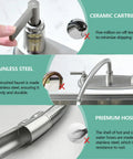 Heavy Duty Brushed Nickel Kitchen Faucet With Side Sprayer And Stainless Steel Body, Dual Lever Handles, Smooth 360 Swivel Spout, features ceramic cartridge and premium stainless steel hoses.