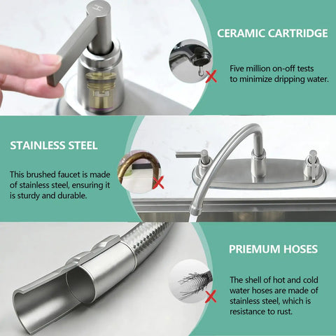 Heavy Duty Brushed Nickel Kitchen Faucet With Side Sprayer And Stainless Steel Body, Dual Lever Handles, Smooth 360 Swivel Spout, features ceramic cartridge and premium stainless steel hoses.
