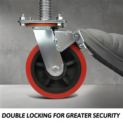 Close-up of 4 Pack 6 Inch Leveling Scaffolding Wheels With 360 Degree Rotating Casters And Dual Locks, Heavy Duty Scaffold Leveling Jacks