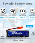 3.7V 600mAh LiPo Battery With JST Plug For UDI U817 U817A V959 V222 V929 RC Drones Quadcopters, specifications displayed
