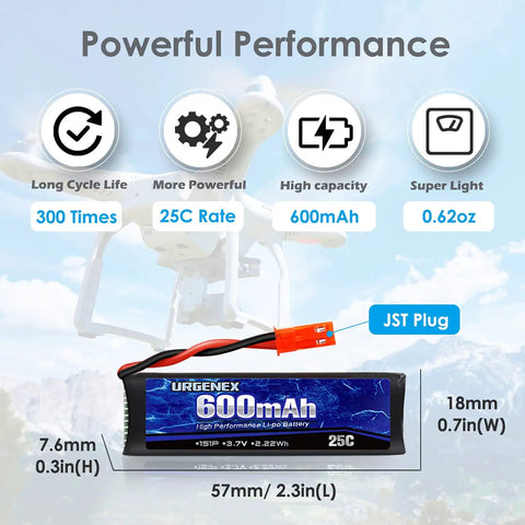 3.7V 600mAh LiPo Battery With JST Plug For UDI U817 U817A V959 V222 V929 RC Drones Quadcopters, specifications displayed