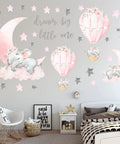 Whimsical Elephant Wall Stickers Set With Pink Moon And Grey Stars For Nursery And Kids Room, Hot Air Balloon Decor, 47x34 Inch Full Effect
