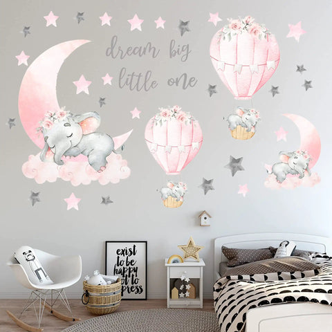 Whimsical Elephant Wall Stickers Set With Pink Moon And Grey Stars For Nursery And Kids Room, Hot Air Balloon Decor, 47x34 Inch Full Effect