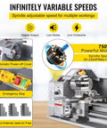 Compact Mini Metal Lathe Machine Delivering Smooth 2500 RPM Variable Speed Rotation Powered By A Kickass 750W Brushless Motor with variable speeds.