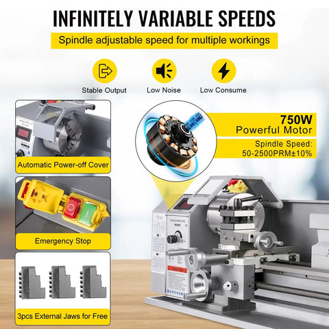 Compact Mini Metal Lathe Machine Delivering Smooth 2500 RPM Variable Speed Rotation Powered By A Kickass 750W Brushless Motor with variable speeds.