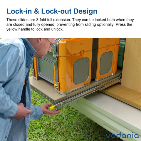 Person demonstrating the lock mechanism on 20 Inch Industrial Grade Heavy Duty Drawer Slide With Lock For Side Mount Capable Up To 379 Lb
