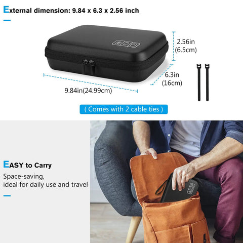 Hard Travel Electronic Organizer Case for MacBook chargers and cables, EVA shell with ties, fits in backpack pocket