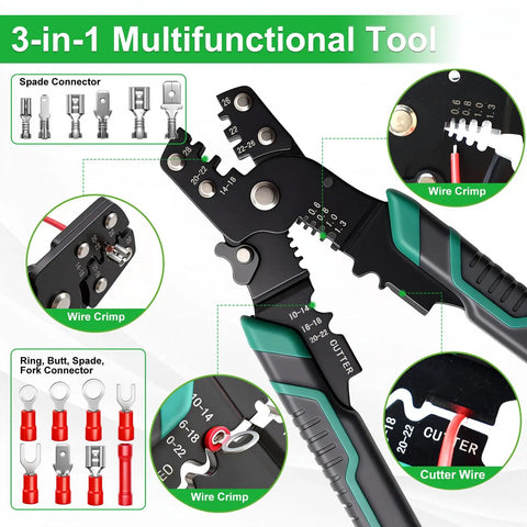 Pro-Grade 1100-Piece Wire Connectors Kit With Spade Fork Ring Bullet Terminals, features multifunctional crimping tool.