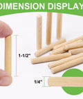 Quarter Inch By One And A Half Inch Wooden Dowel Pins 100 Pack In Natural Beech Warp Resistant Fluted Dowel Rods For Quick Crafts Woodworking And DIY Furniture Projects size display with 1/4 inch diameter and 1-1/2 inch length.