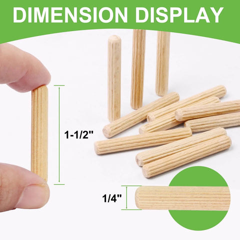 Quarter Inch By One And A Half Inch Wooden Dowel Pins 100 Pack In Natural Beech Warp Resistant Fluted Dowel Rods For Quick Crafts Woodworking And DIY Furniture Projects size display with 1/4 inch diameter and 1-1/2 inch length.