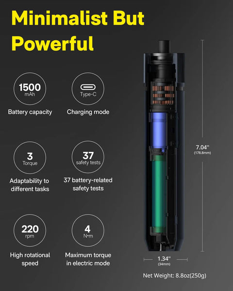 Cordless Electric Screwdriver Kit With USB C Charge specification diagram, showing battery capacity, torque settings, and dimensions.