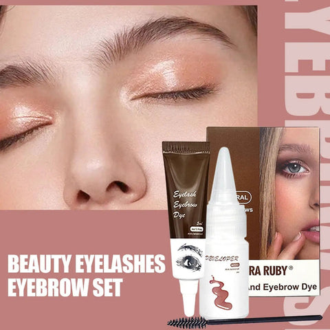 Beauty Eyelashes Eyebrow Set featuring eyelash and eyebrow dye and developer, showcasing rich color application.