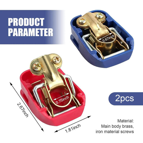 2 Pack Quick Release Battery Terminal Connectors With Red Positive And Blue Negative Covers No Tools Needed Easy Install Universal For Car Truck And RV Battery Terminals Clamps dimensions and materials shown