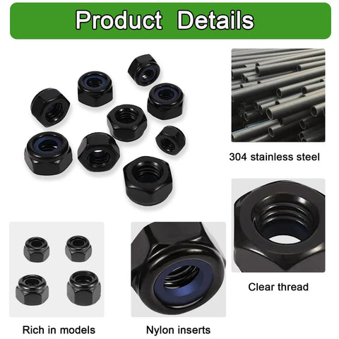 All In One Black Lock Nuts And Flat Washers Kit With M3 To M12 Sizes In 304 Stainless Steel, Heavy Duty, Corrosion Resistant