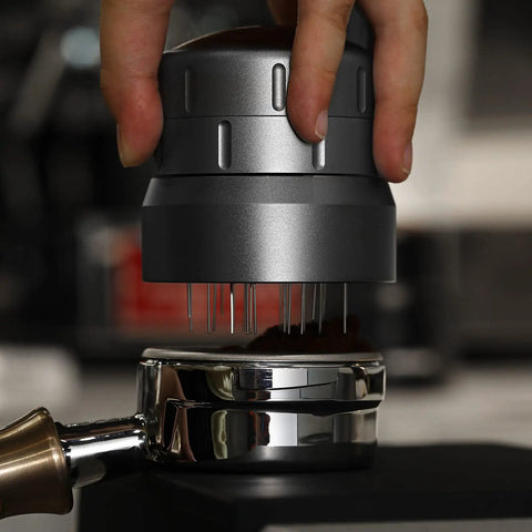 58mm Espresso Coffee Distributor Tool For Even Dosing With 22 Needle Layout Adjustable Depth Grey in use on portafilter