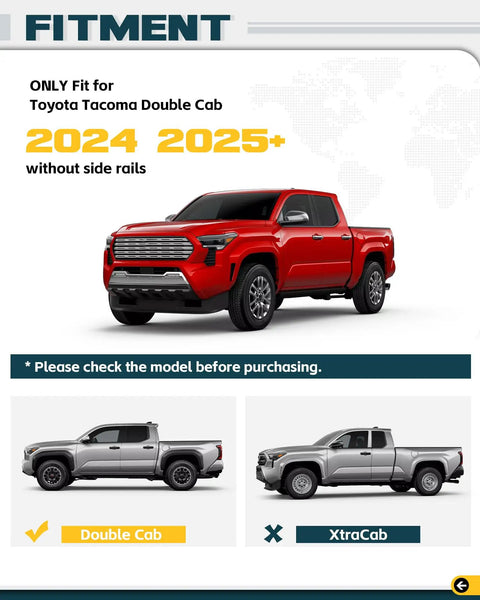 Durable Aluminum Roof Rack Cross Bars For 2024 2025 2026 Toyota Tacoma Double Cab Fitment display with images of red and gray trucks