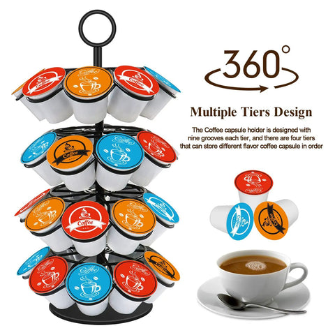 Coffee Pod Carousel Organizer With 360 Degree Revolving Base Holds 36 K Cup Pods Across Four Layers For Easy Sorting And Quick Access
