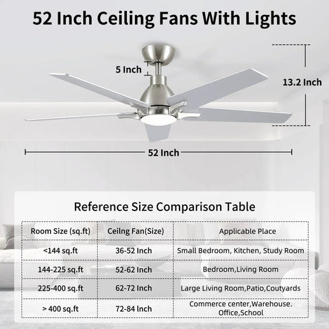 Diagram of 52 Inch Ceiling Fan With Lights And Remote, Brushed Nickel Finish, showing dimensions and room size guide.