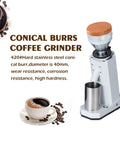 Kickstart Your Daily Grind With This Rock Solid Electric Coffee Grinder Featuring 40Mm Conical Titanium Burrs 19 Straight Forward Settings And A Generous 75G Bean Hopper For Fresh Bold Sips And Zero Hassle Cleanup Guaranteed. Conical burr coffee grinder with 40mm stainless steel burrs and a stainless steel container.