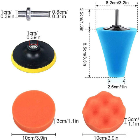 Pro Grade Drill Buffing Kit With 14Pcs Polishing Wheels And Buffing Pads For Automotive Detailing, dimensions displayed