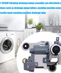 Premium Washer Drain Pump Assembly Plug And Play Replacement Motor Direct Bolt Install in a bathroom setting.