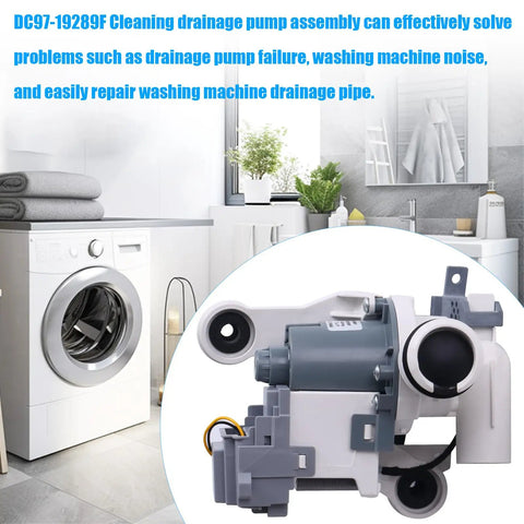 Premium Washer Drain Pump Assembly Plug And Play Replacement Motor Direct Bolt Install in a bathroom setting.