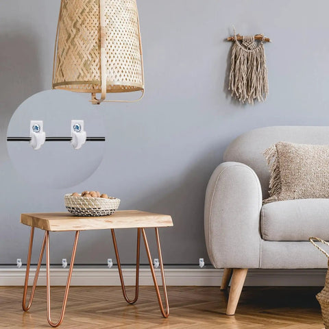 Essential White Down Wall Clips For Wire Shelving, Thirty Pack Plastic Brackets With Screws And Anchors displayed in stylish home setting.