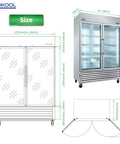 Heavy Duty Badass 54 Inch Commercial Refrigerator With Two Glass Doors And 49 Cubic Feet Capacity, with dimensions and design features.