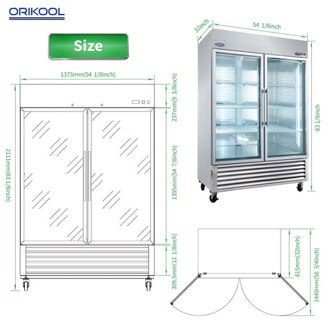 Heavy Duty Badass 54 Inch Commercial Refrigerator With Two Glass Doors And 49 Cubic Feet Capacity, with dimensions and design features.