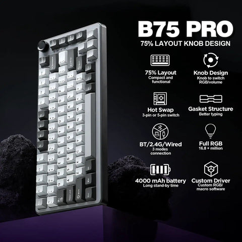 Kickass 75 Percent Tri Mode Wireless Mechanical Keyboard With Hot Swap Keys And Large 4000 Mah Battery For Smooth Typing Vibes And Heavy Gaming Flows In Dark Grey Finish, 75% layout with knob design.