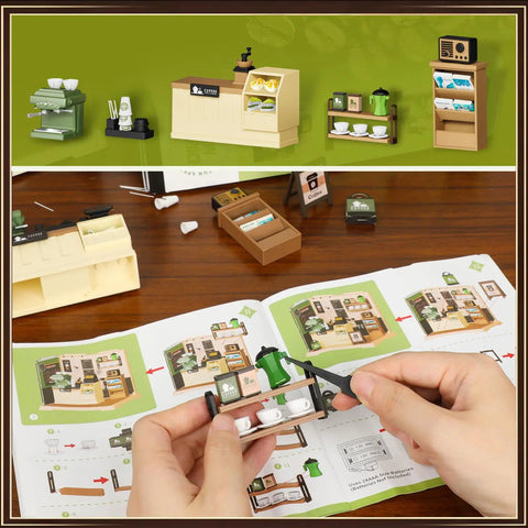 DIY assembly of LED Coffee Shop Mini Model Kit for DIY Dollhouse Enthusiasts, showing instructions and miniature accessories.