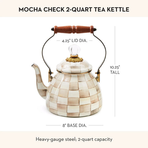 Enamel Tea Kettle For Stovetop Brown And White Mocha Check 2 Quart Capacity Teapot Style Pouring Pot With Comfortable Handle