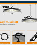 320W UFO High Bay LED Lights 10 Pack, 45,000 Lumen, installation detail with hook and plug cord visible