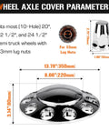 Domed Front Axle Cover Kit For Semi Trucks With Screw On 33mm Lug Nut Chrome ABS Plastic 10 Hole Removable Caps dimensions