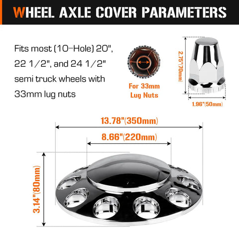 Domed Front Axle Cover Kit For Semi Trucks With Screw On 33mm Lug Nut Chrome ABS Plastic 10 Hole Removable Caps dimensions
