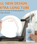 Silicone Treadmill Belt Lubricant 5 Oz Bottle with extra-long tube applied to treadmill in home gym environment.