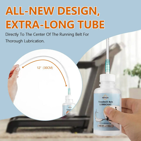 Silicone Treadmill Belt Lubricant 5 Oz Bottle with extra-long tube applied to treadmill in home gym environment.