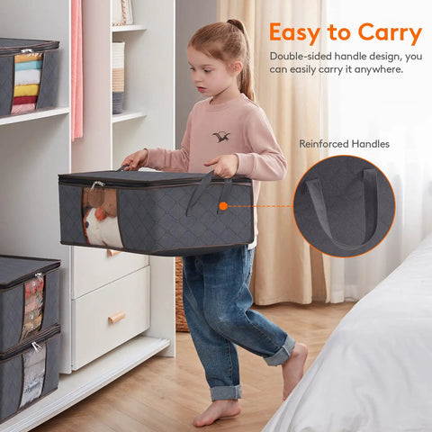 Child holding 8 Pack Foldable Closet Storage Bin With Clear Windows And Reinforced Handles, ideal for sweaters and blankets.