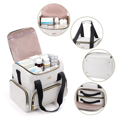 Large Medicine Storage Bag With Two Removable Cases Travel Organizer With Multiple Compartments Durable Beige With Shoulder Strap And Handles Ideal For Home Or On The Go, showing open compartments and contents.