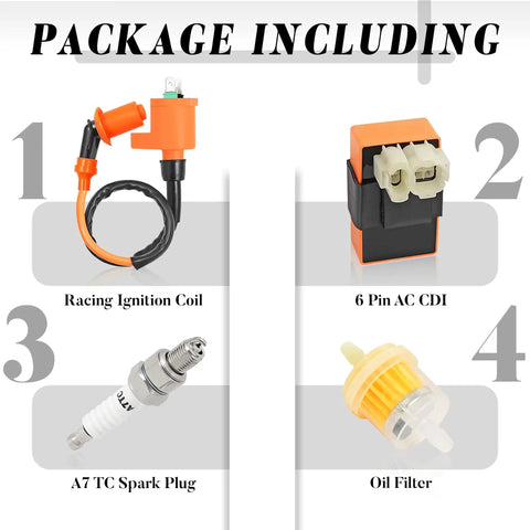 Ignition Coil Kit With 6 Pin AC CDI Box Spark Plug And Oil Filter For 50cc 125cc 150cc 4 Stroke Scooters ATVs with parts labeled.