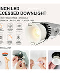 Eclatune 3 Inch LED Recessed Lighting with Junction Box LED Downlight on white background showcasing design and features.