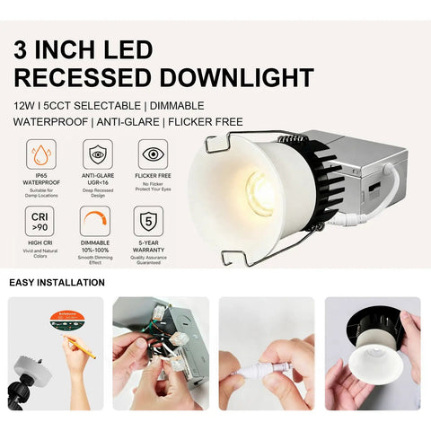 Eclatune 3 Inch LED Recessed Lighting with Junction Box LED Downlight on white background showcasing design and features.