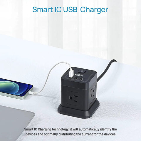 Flat Plug Power Strip With USB Ports, 4 AC Outlets And 3 USB Chargers, 5 Ft Extension Cord on desk, smart IC charging
