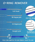 O-ring remover tool set with full hook, 90-degree pick, 45-degree pick, straight pick, and anti-slip design features visible.