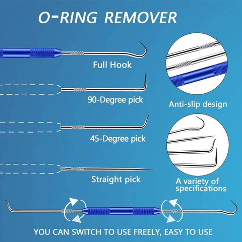 O-ring remover tool set with full hook, 90-degree pick, 45-degree pick, straight pick, and anti-slip design features visible.